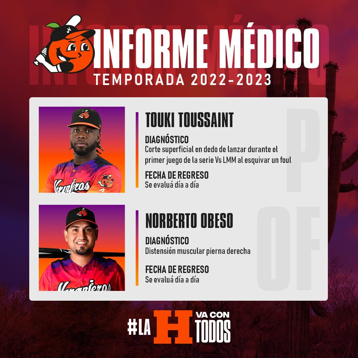 REPORTE MÉDICO NARANJEROS DE HERMOSILLO